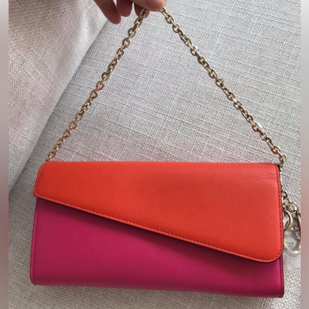 - Authentic Cristian Dior Leather Pink/Coral Wallet on a Chain